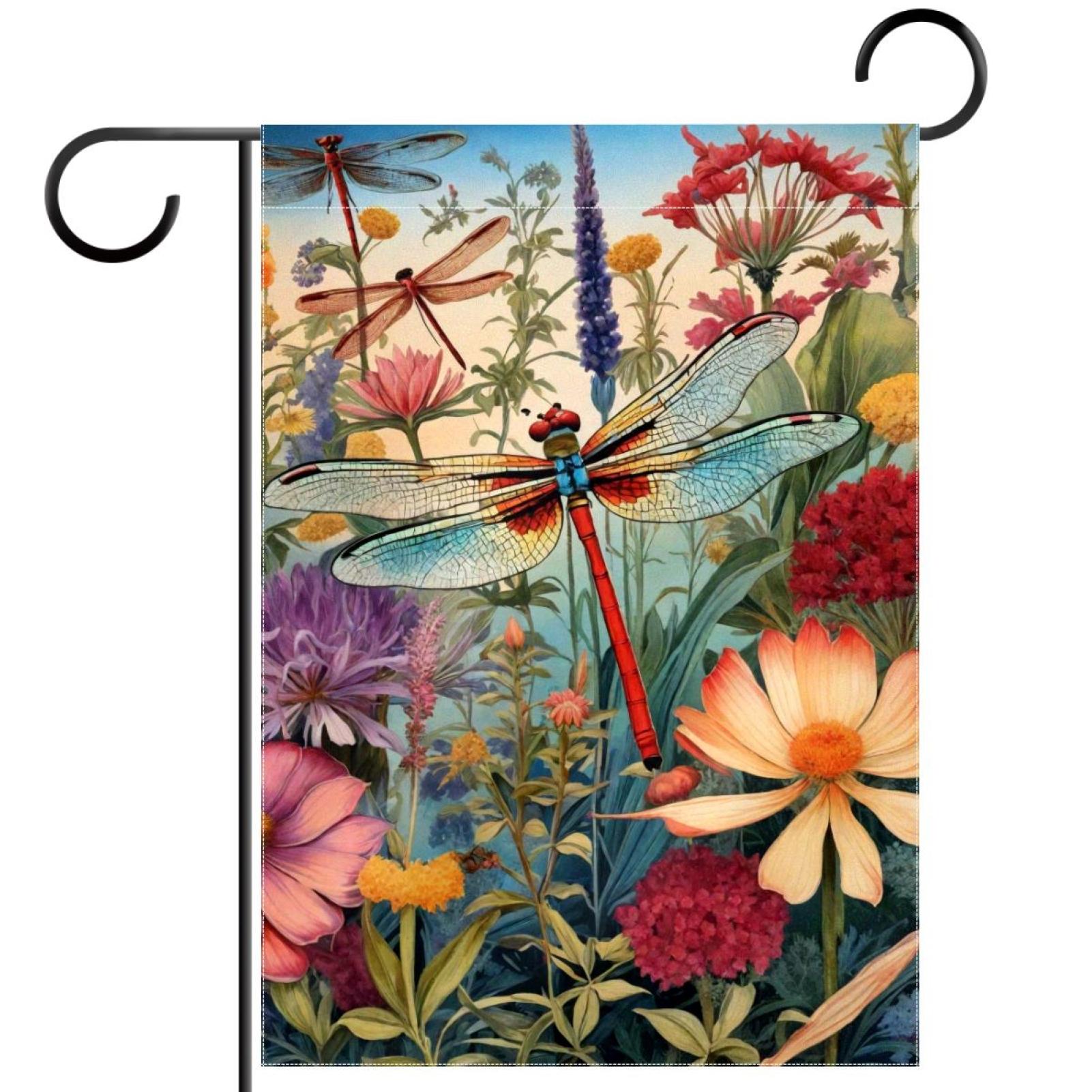 Colorful Dragonfly Wildflowers Botanical Patter Garden Flag Double Sided House Flag for Outdoor Home, Personalized All Year Round Yard Decor 12 x 18 Inch